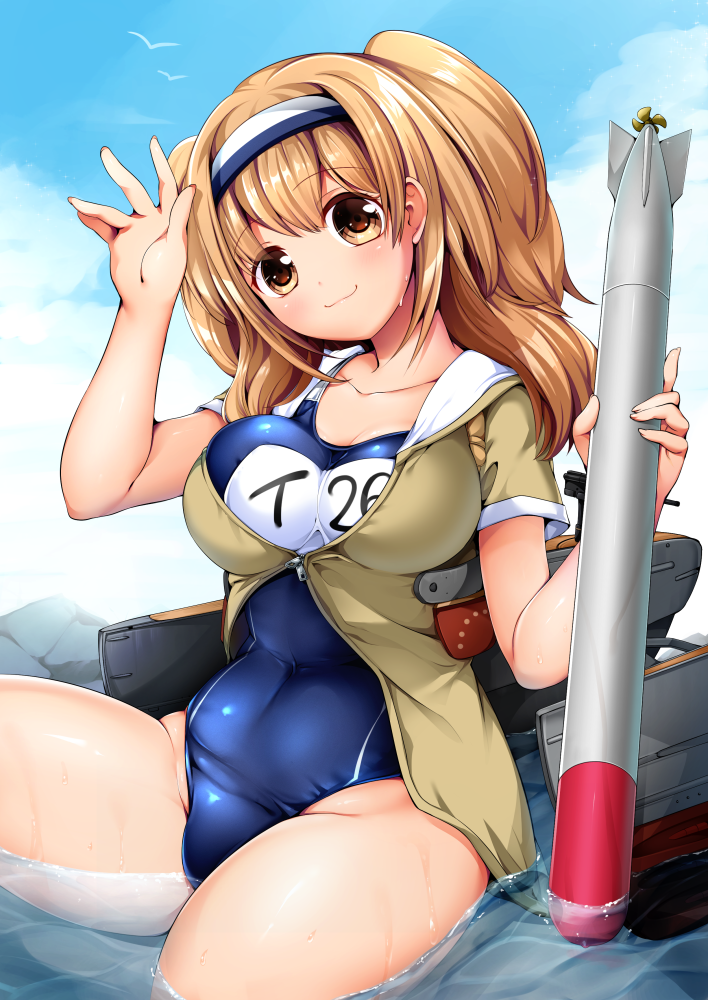 1girl bird blue_sky breasts clouds day hairband i-26_(kantai_collection) kantai_collection large_breasts light_brown_eyes light_brown_hair long_hair machinery md5_mismatch name_tag new_school_swimsuit one-piece_swimsuit open_clothes revision rock ruri_rarako sailor_collar school_swimsuit seagull short_sleeves sitting sky solo swimsuit swimsuit_under_clothes torpedo two-tone_hairband water