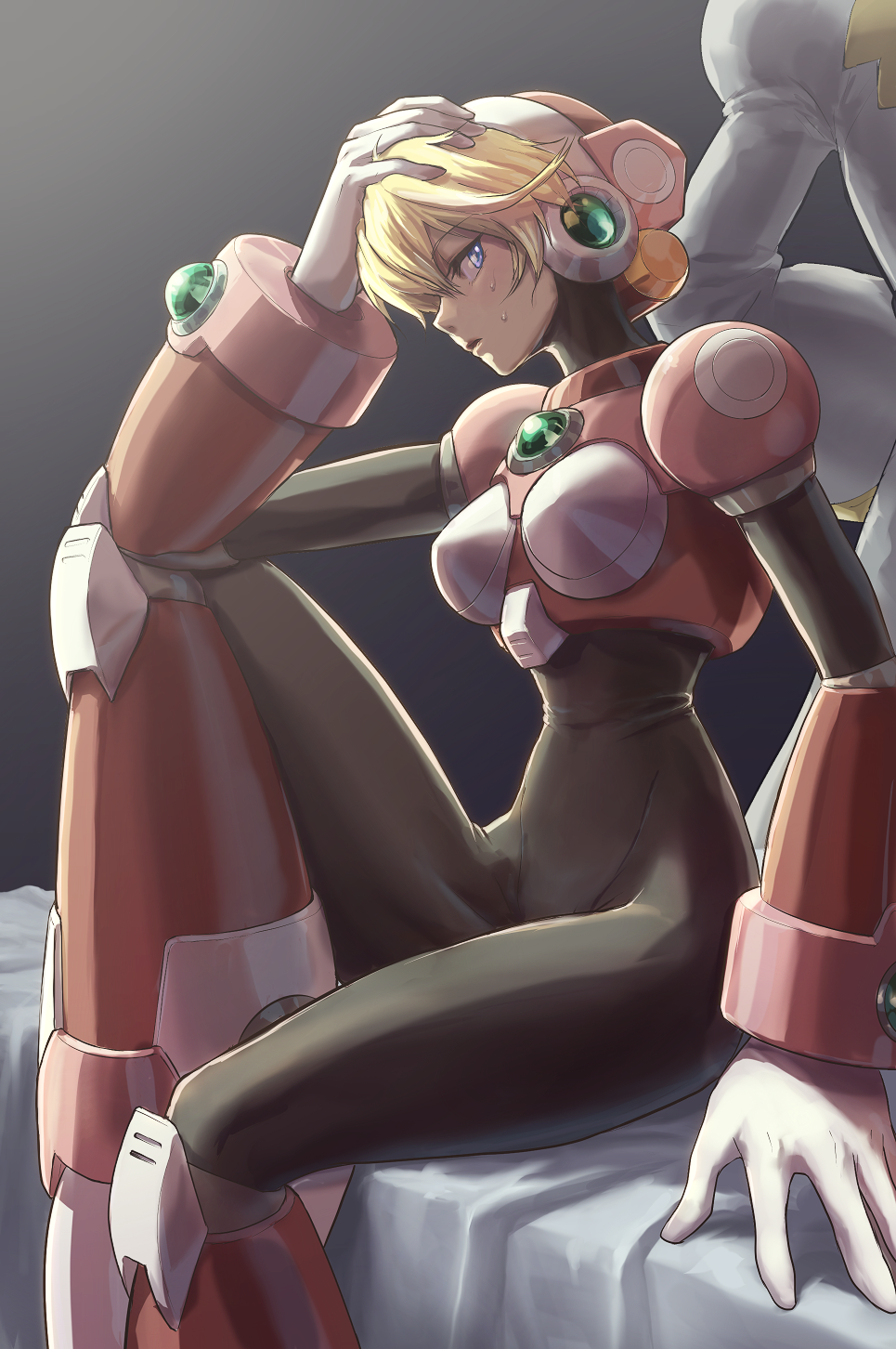 1girl alia_(rockman) arm_support armored_boots bangs black_background black_bodysuit blonde_hair bodysuit boots breasts character_request commentary_request covered_navel cowboy_shot elbow_on_knee eyebrows_visible_through_hair facing_to_the_side gauntlets gloves gradient gradient_background hair_between_eyes hand_on_own_head helmet highres knee_up medium_breasts mitsunagami parted_lips pink_armor robot_ears rockman rockman_x short_hair shoulder_armor sidelocks sideways_glance sitting solo_focus sweatdrop white_gloves