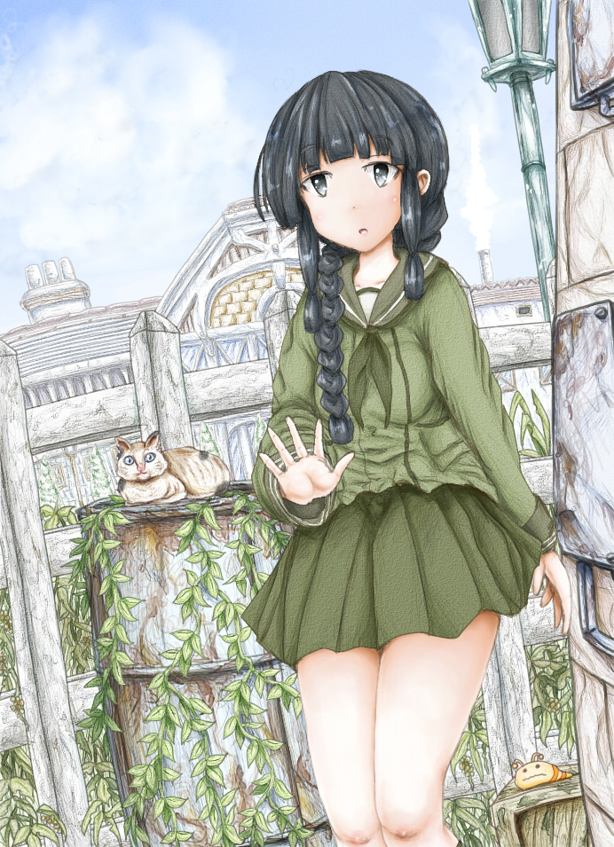1girl :o arm_at_side arm_up bangs barrel black_hair blue_sky blunt_bangs braided_ponytail building cat chimney clouds contrapposto crate cropped_legs day dutch_angle expressionless fence green_neckwear green_sailor_collar green_serafuku green_skirt grey_eyes kantai_collection kitakami_(kantai_collection) lamppost long_hair long_sleeves looking_at_viewer neckerchief open_hand outdoors plant pleated_skirt sailor_collar sidelocks skirt sky sleeve_cuffs slug solo stone_wall vines wall wooden_fence ys_(ytoskyoku-57)