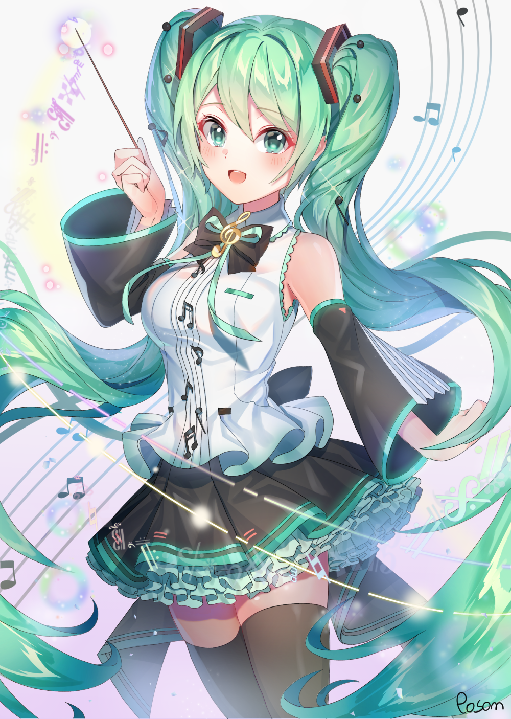 1girl 39 alternate_costume aqua_eyes aqua_hair aqua_ribbon artist_name blouse breasts collared_blouse conductor cowboy_shot detached_sleeves floating_hair frilled_skirt frills hair_ornament hair_tie hatsune_miku highres long_hair looking_at_viewer medium_breasts musical_note musical_note_background musical_note_hair_ornament musical_note_print off-shoulder_blouse open_mouth posom ribbon shirt skirt taut_clothes taut_shirt thigh-highs twintails very_long_hair vocaloid white_blouse zettai_ryouiki
