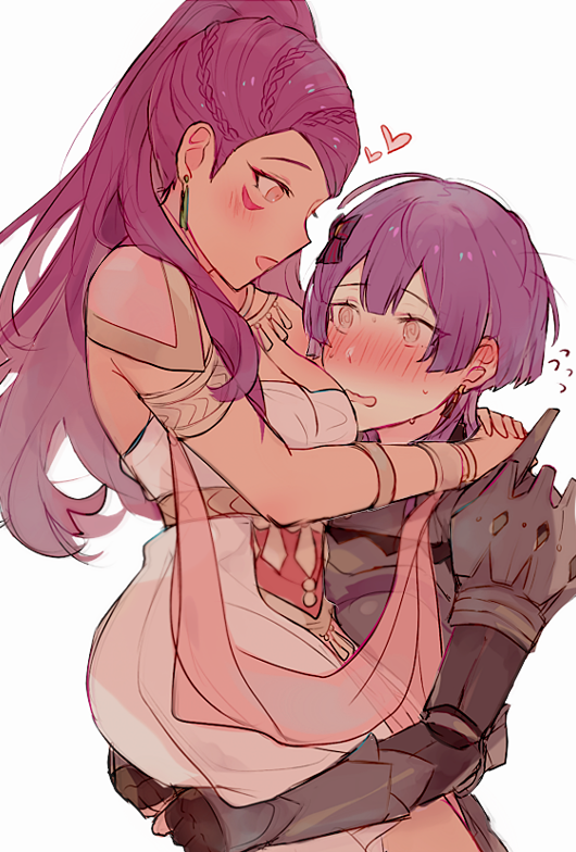 2girls @_@ armlet armor bernadetta_von_varley blush carrying dancer dark_skin dress earrings facial_mark fire_emblem fire_emblem:_three_houses from_side grey_eyes hair_ornament jewelry kvlen long_hair multiple_girls open_mouth petra_macneary ponytail purple_hair simple_background white_background yuri