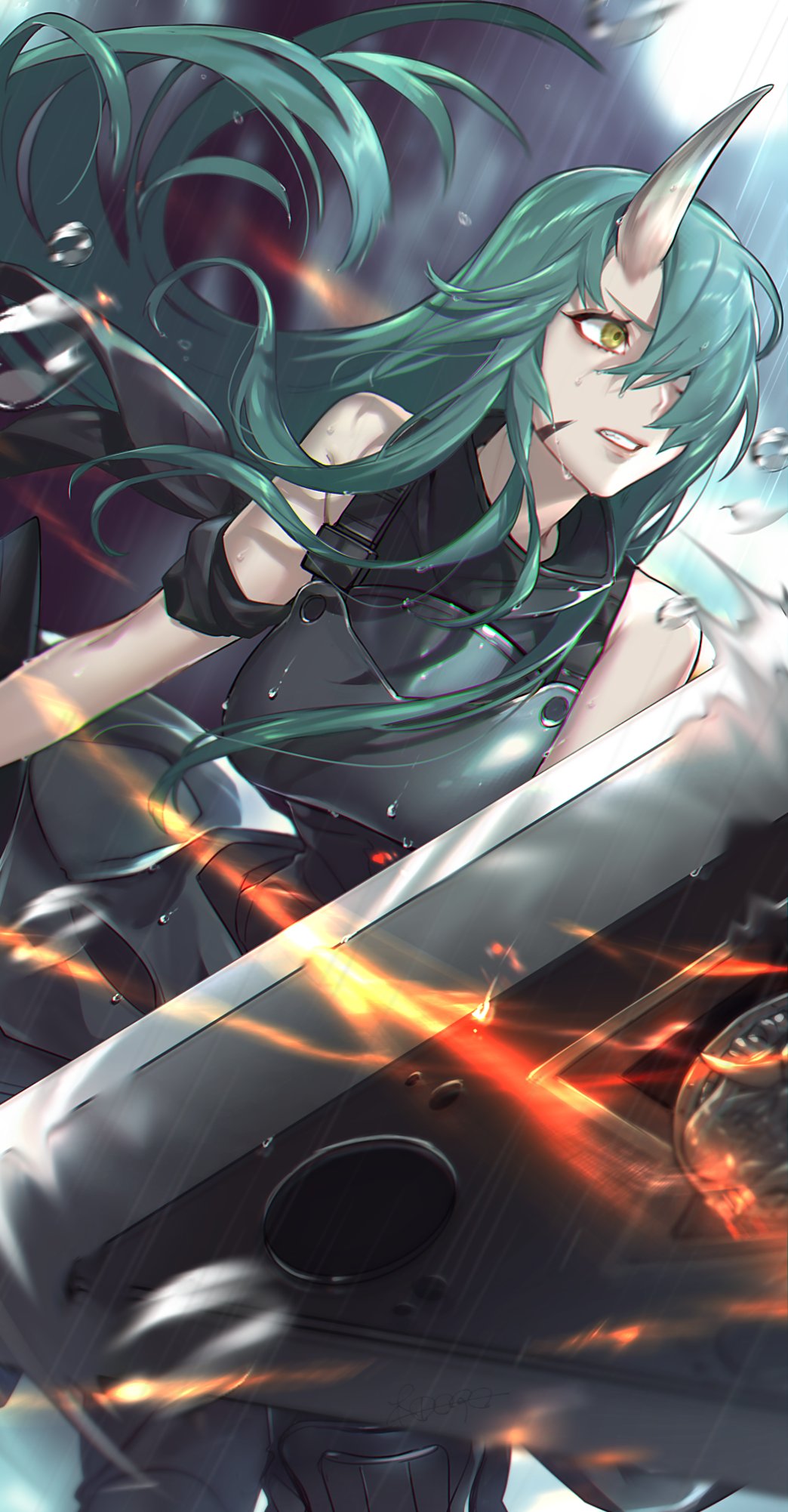 1girl arknights arm_ribbon arm_scarf bare_shoulders clenched_teeth clothes_around_waist commentary_request dragon_horns fighting green_eyes green_hair hair_over_one_eye highres holding_shield horn horns hoshiguma_(arknights) jacket_around_waist loalo long_hair oni_horn oni_horns pale_skin ribbon shield shirt_around_waist skin-covered_horns sweat teeth