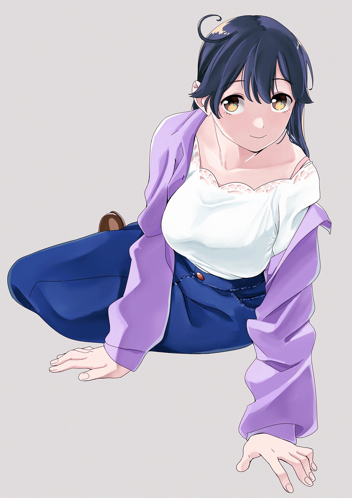 1girl ahoge alternate_costume arm_support black_hair blouse blue_skirt breasts full_body grey_background highres jacket kantai_collection large_breasts long_hair long_skirt looking_at_viewer ojipon purple_jacket simple_background sitting skirt solo ushio_(kantai_collection) white_blouse yokozuwari