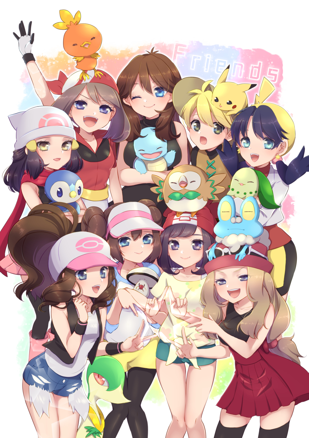 beanie black_hair blonde_hair blue_(pokemon) blue_eyes blue_hair blush breasts brown_hair character_request closed_mouth cover cover_page crystal_(pokemon) double_bun double_v doujin_cover hair_ornament hat highres long_hair looking_at_viewer medium_breasts mokorei moon_(pokemon) multiple_girls odamaki_sapphire open_mouth pikachu piplup platinum_berlitz pokemon pokemon_special ponytail short_hair small_breasts smile squirtle torchic twintails v whi-two_(pokemon) white_(pokemon) y_na_gaabena yellow_(pokemon)