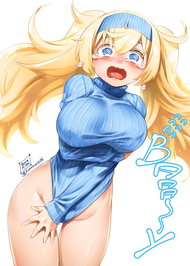 @_@ alternate_costume arm_under_breasts blonde_hair blue_eyes blue_leotard blue_sweater blush breast_squeeze breasts catchphrase contrapposto covered_nipples covering covering_crotch cowboy_shot crying crying_with_eyes_open embarrassed gambier_bay_(kantai_collection) hairband highleg highleg_leotard kantai_collection kore_(korewa13th) large_breasts leaning_to_the_side leotard long_hair long_sleeves looking_at_viewer meme_attire open_mouth ribbed_leotard ribbed_sweater scared sweater teardrop tears thigh_gap thighs tongue turtleneck turtleneck_leotard turtleneck_sweater twintails wavy_mouth wide_hips