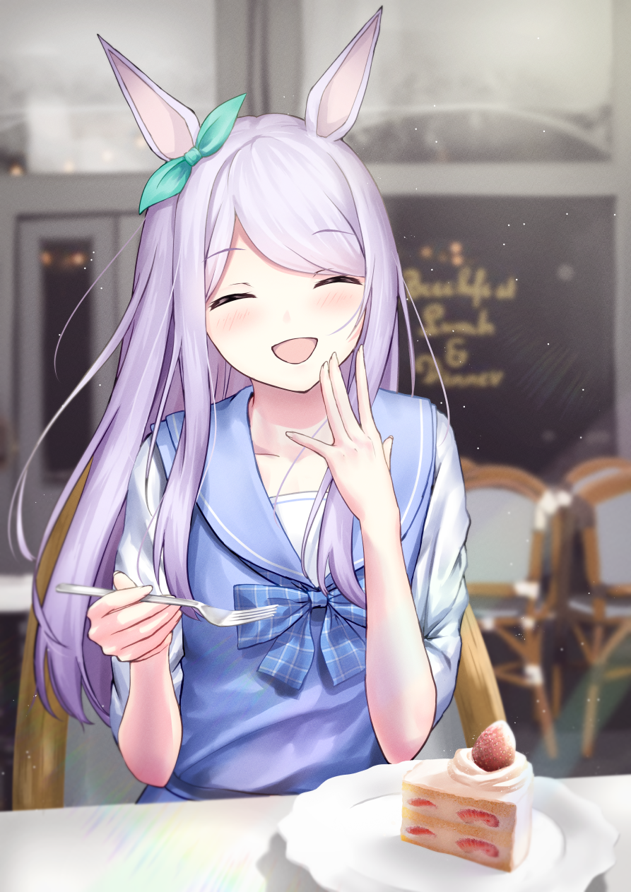 1girl animal_ears blue_shirt blurry blurry_background blush chair closed_eyes commentary_request ear_bow facing_viewer food fork fruit hand_up highres holding holding_fork horse_ears horse_girl long_hair mejiro_mcqueen_(umamusume) open_mouth plate purple_hair sailor_collar shirt sitting smile solo strawberry strawberry_shortcake table tim86231 umamusume upper_body