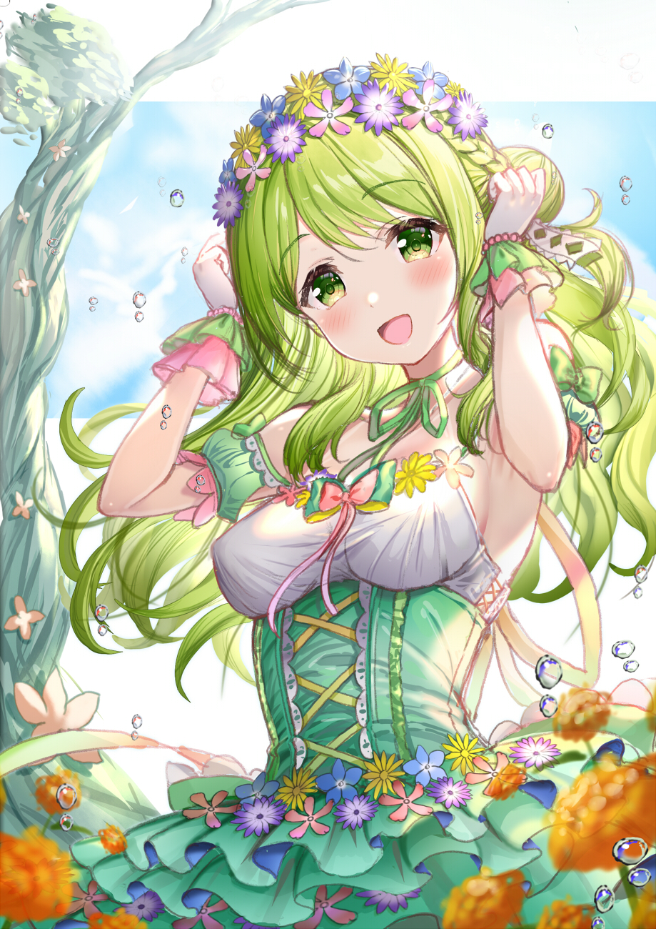 1girl :d akabane_(zebrasmise) bangs bare_shoulders blue_flower blush bow breasts commentary_request detached_sleeves double_bun dress eyebrows_visible_through_hair flower gloves green_bow green_dress green_eyes green_hair green_ribbon green_sleeves hair_flower hair_ornament hands_up highres long_hair medium_breasts morinaka_kazaki neck_ribbon nijisanji open_mouth pink_bow pink_flower puffy_short_sleeves puffy_sleeves purple_flower ribbon short_sleeves smile solo tree virtual_youtuber water_drop white_gloves yellow_flower