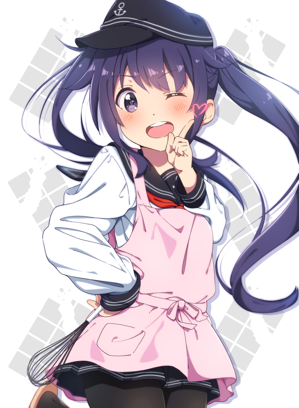 1girl akatsuki_(kantai_collection) alternate_hairstyle anchor_symbol apron black_headwear black_legwear black_sailor_collar black_skirt commentary_request eyebrows_visible_through_hair flat_cap hat heart highres index_finger_raised jabittoson kantai_collection long_hair long_sleeves neckerchief one_eye_closed open_mouth pantyhose pink_apron pleated_skirt purple_hair red_neckwear sailor_collar school_uniform serafuku skirt smile solo twintails valentine violet_eyes