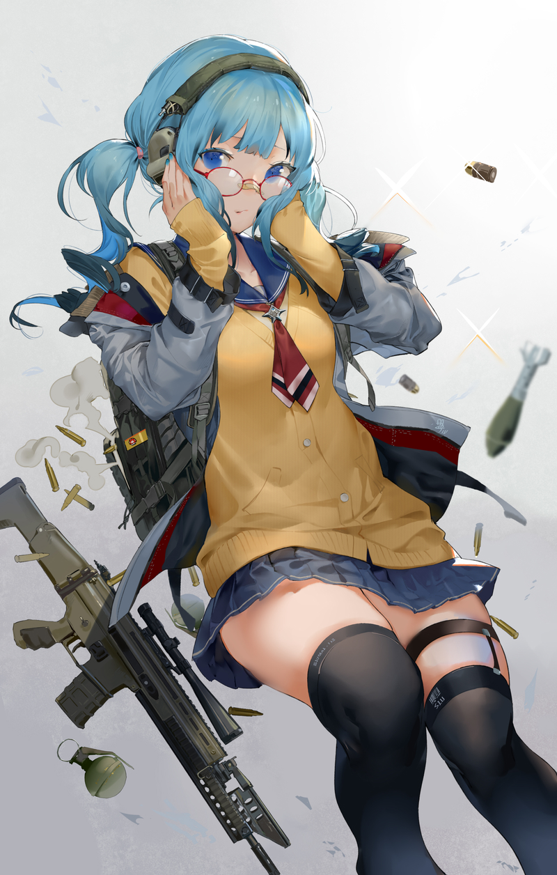 1girl assault_rifle backpack bag bandaid bandaid_on_nose bangs black_legwear blue_eyes blue_hair blue_nails blue_sailor_collar blue_skirt bomb breasts brown_cardigan bullet cardigan closed_mouth commentary_request ear_protection explosive eyebrows_behind_hair fn_scar glasses grenade grey_jacket gun hands_on_own_face hands_up highres jacket long_hair long_sleeves looking_at_viewer nail_polish neckerchief open_clothes open_jacket original pleated_skirt red-framed_eyewear red_neckwear rifle sailor_collar school_uniform scope serafuku shirt skirt sleeves_past_wrists small_breasts solo sparkle thigh-highs twintails weapon white_shirt yamano_(yamanoh)