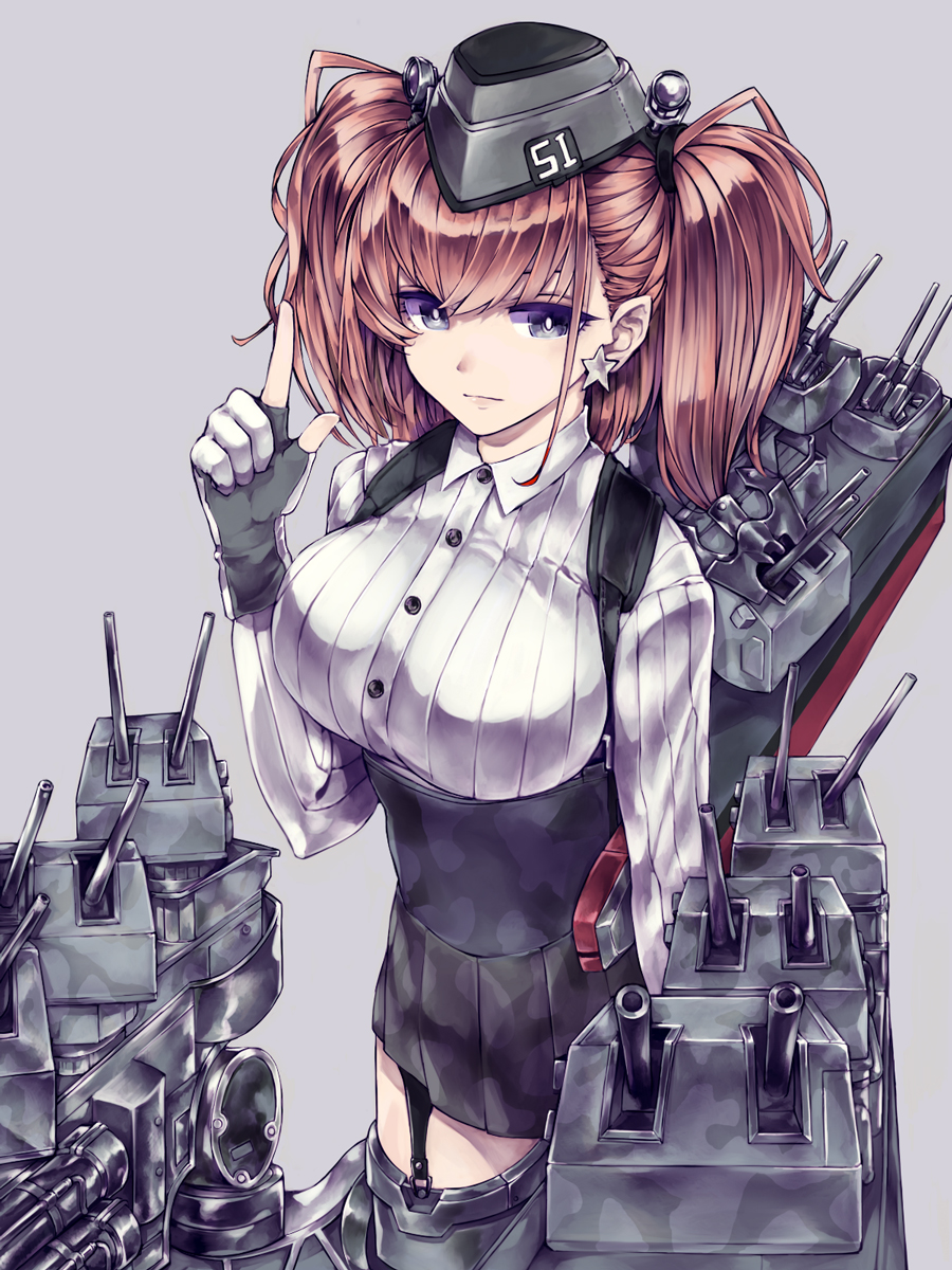 1girl atlanta_(kantai_collection) bangs black_eyes black_skirt breasts brown_hair buttons camouflage closed_mouth earrings garrison_cap garter_straps gloves grey_background hat headgear high-waist_skirt highres index_finger_raised jewelry kantai_collection kurou_(bcrow) large_breasts lips long_sleeves machinery partly_fingerless_gloves rigging shirt simple_background single_earring skirt solo star star_earrings two_side_up