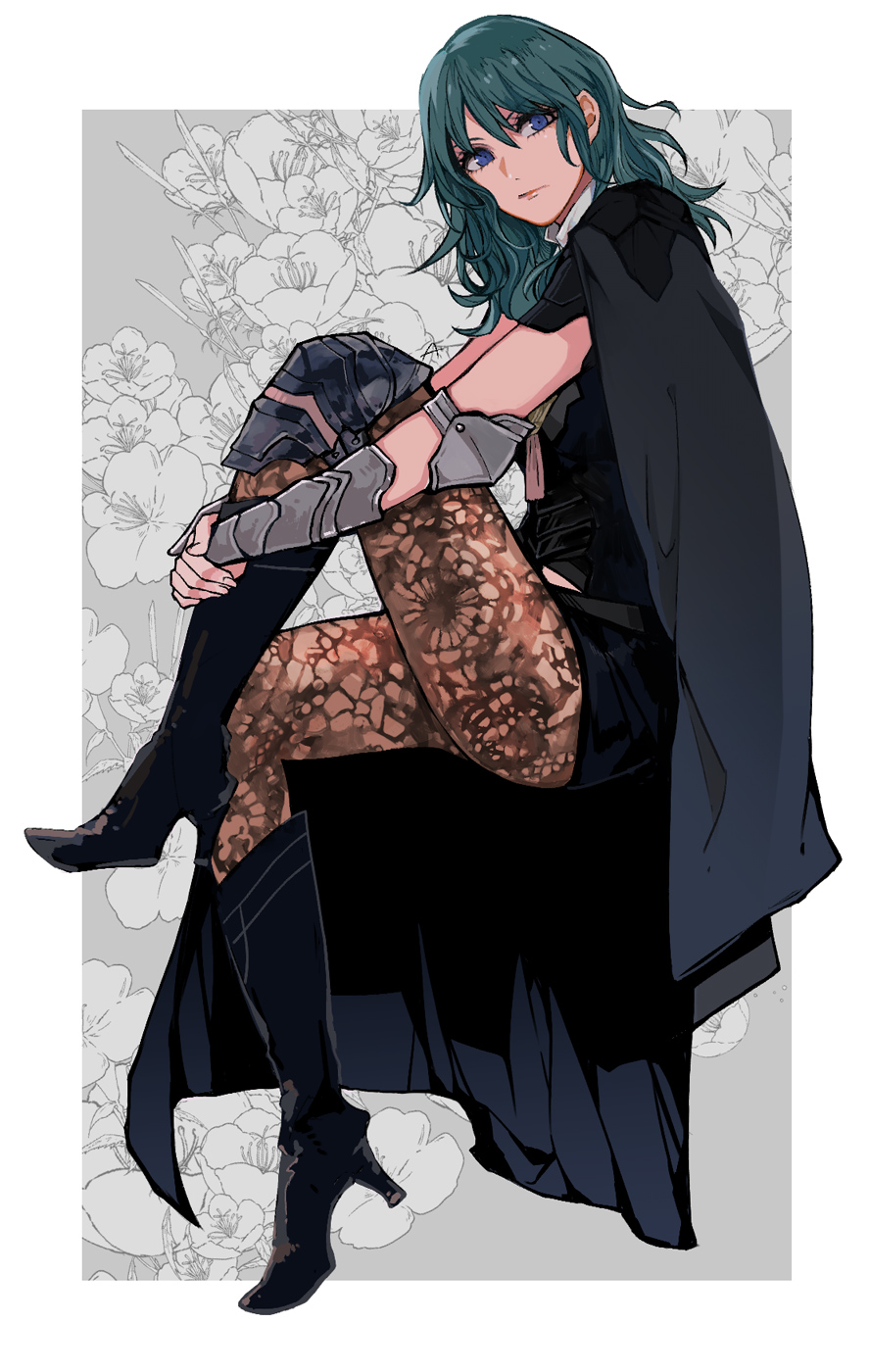 1220chamomile 1girl black_shorts blue_eyes blue_hair boots byleth_(fire_emblem) byleth_eisner_(female) cape closed_mouth fire_emblem fire_emblem:_three_houses flower from_side full_body high_heel_boots high_heels highres looking_to_the_side pantyhose short_shorts shorts solo