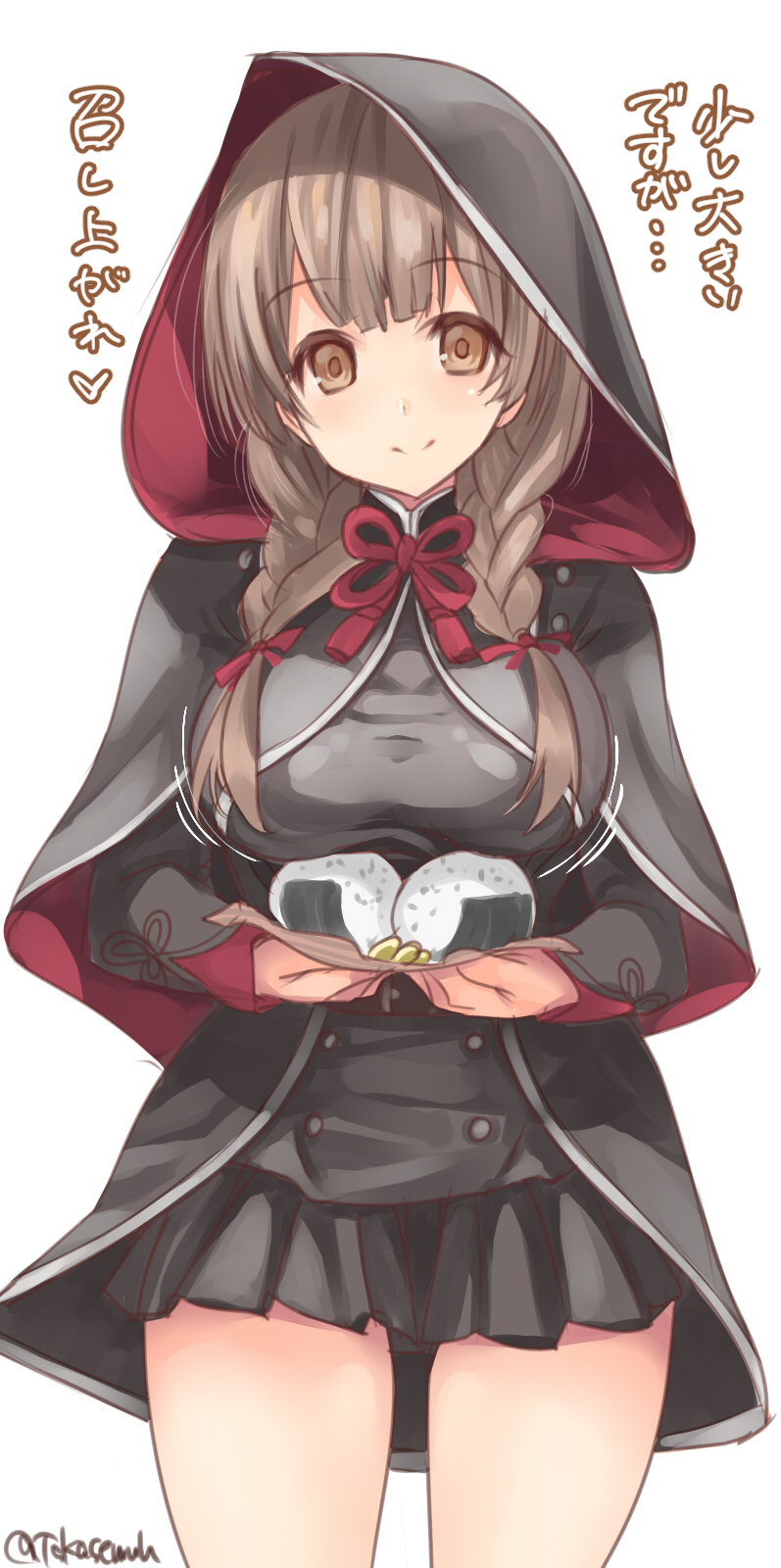 1girl black_capelet black_dress braid breasts brown_hair capelet commentary_request cowboy_shot dress food highres hood hood_up hooded_capelet kantai_collection large_breasts long_hair looking_at_viewer onigiri shinshuu_maru_(kantai_collection) simple_background smile solo takase_muu translation_request twin_braids twitter_username white_background