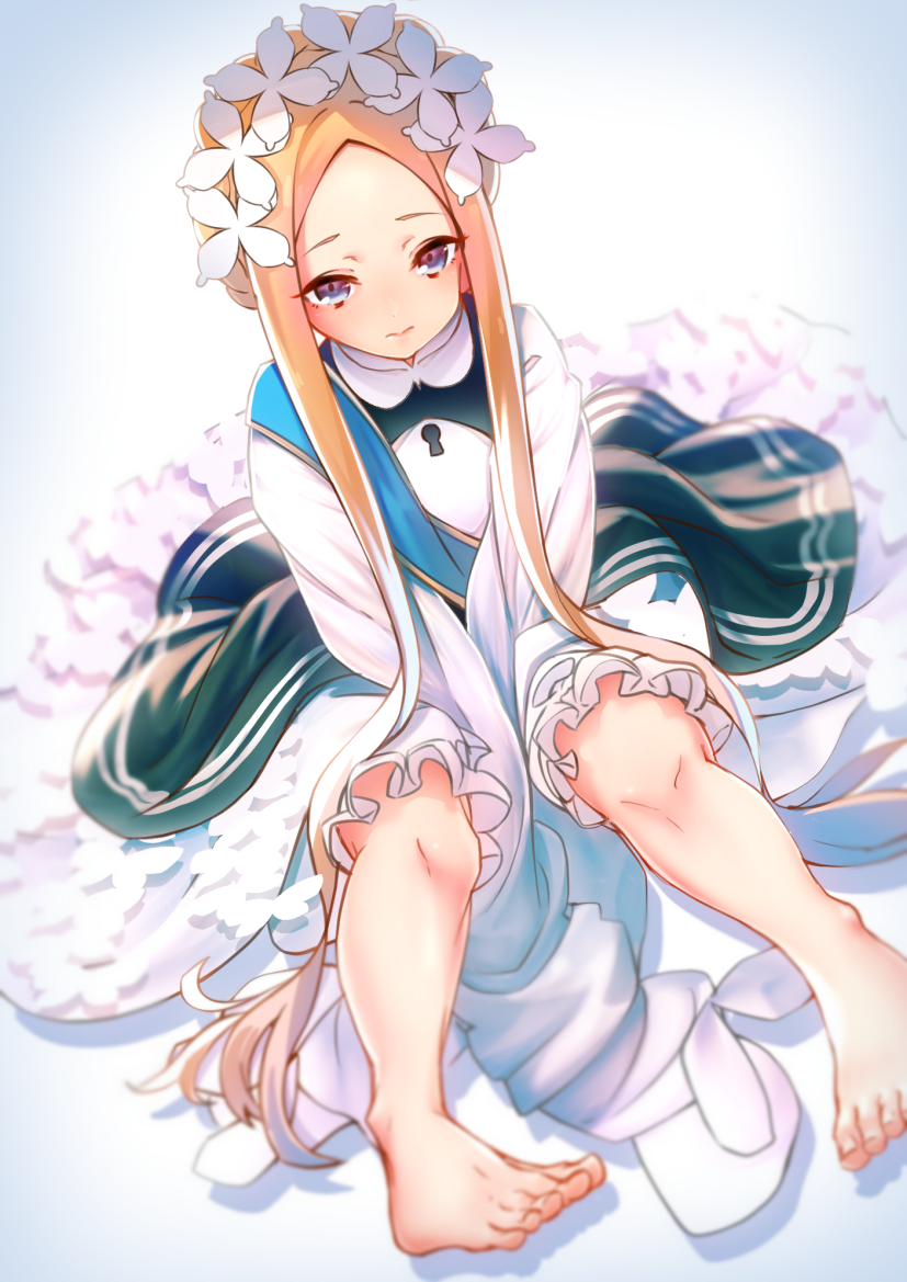 1girl abigail_williams_(fate/grand_order) artist_request bangs barefoot black_skirt blonde_hair bloomers blue_eyes blush braid breasts closed_mouth dress fate/grand_order fate_(series) feet forehead french_braid heroic_spirit_festival_outfit keyhole layered_skirt legs long_hair looking_at_viewer maid maid_headdress parted_bangs sash sidelocks sitting skirt sleeves_past_fingers sleeves_past_wrists small_breasts toes underwear white_dress