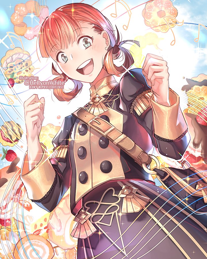 1girl annette_fantine_dominic blue_eyes dessert doughnut fire_emblem fire_emblem:_three_houses food fruit garreg_mach_monastery_uniform long_sleeves musical_note open_mouth orange_hair paula_biedma solo strawberry twintails twitter_username uniform