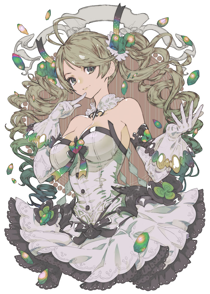 1girl bangs blonde_hair de_la_fille detached_sleeves dress drill_hair finger_to_face gem gloves granblue_fantasy green_eyes hair_ornament hair_ribbon hori_airi long_hair ribbon sleeveless solo twin_drills white_dress white_gloves