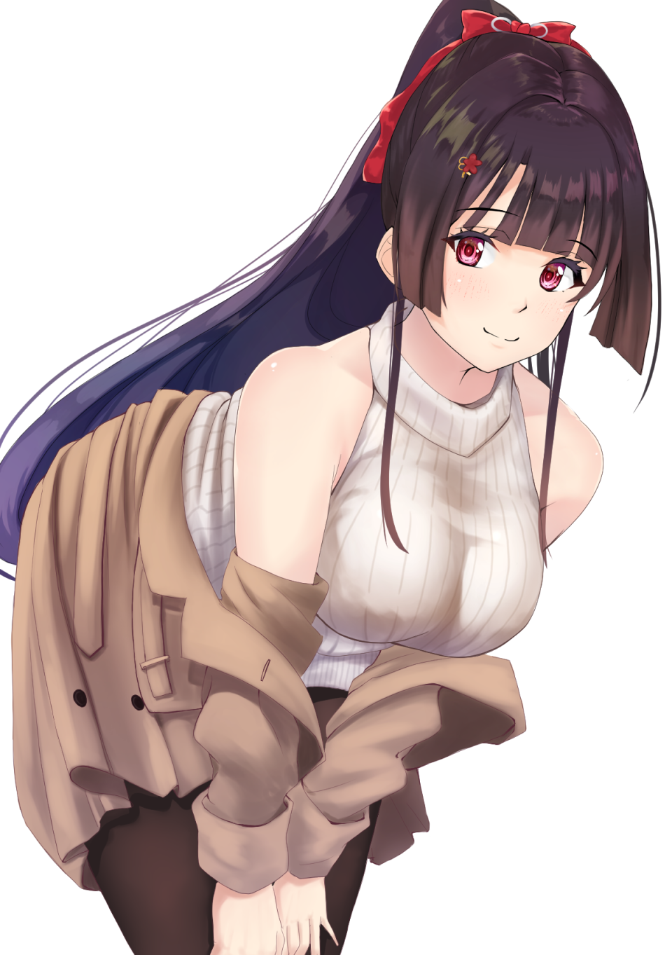 1girl agano_(azur_lane) agano_(dating_game?)_(azur_lane) aran_sweater azur_lane bare_shoulders black_hair breasts brown_coat coat dress eyebrows_visible_through_hair hair_ornament hair_ribbon highres leaning_forward long_hair medium_breasts miss_non off_shoulder open_clothes open_coat pantyhose ponytail red_eyes ribbon sleeveless sleeveless_sweater sleeveless_turtleneck sweater sweater_dress turtleneck turtleneck_sweater