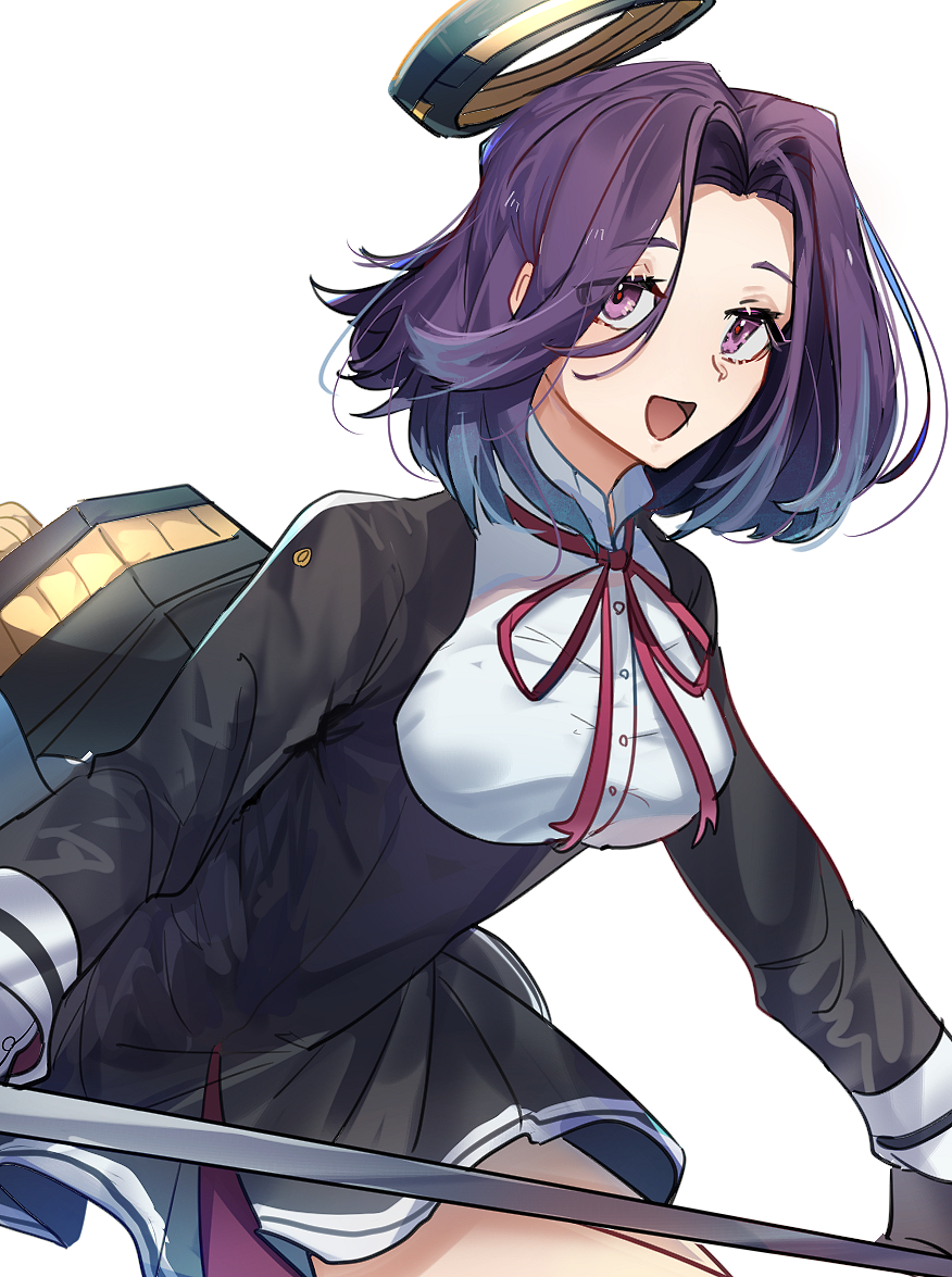 1girl :d glaive haru_hikoya kantai_collection looking_at_viewer mechanical_halo neck_ribbon open_mouth purple_hair red_ribbon ribbon school_uniform short_hair simple_background smile solo tatsuta_(kantai_collection) violet_eyes white_background