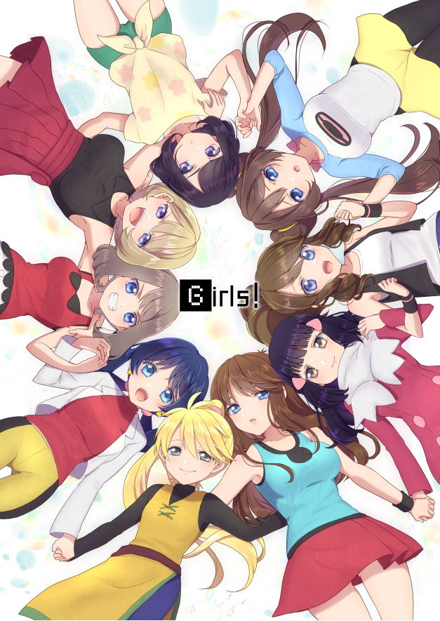 6+girls arm_over_shoulder armpits bangs black_hair black_legwear black_vest black_wristband blonde_hair blue_(pokemon) blue_eyes blue_hair blue_tank_top blush breasts brown_eyes coat commentary_request crotch crystal_(pokemon) double_bun everyone facing_viewer fingers_together floral_print green_eyes green_shorts grey_eyes hand_on_back holding_hands interlocked_fingers locked_arms long_hair long_sleeves looking_at_viewer lying mei_(pokemon) mokorei moon_(pokemon) multiple_girls odamaki_sapphire on_back open_mouth pantyhose platinum_berlitz pleated_skirt pokemon pokemon_special ponytail red_coat red_skirt scarf shirt short_hair shorts simple_background skirt smile tank_top tied_shirt twintails vest white_(pokemon) white_background y_na_gaabena yellow_(pokemon) yellow_shorts yuri