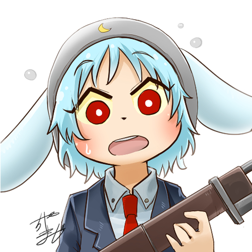 1girl animal_ears avatar_icon blue_hair chamaji collared_shirt commentary eyebrows_visible_through_hair gun hat holding holding_gun holding_weapon jacket light_blue_hair looking_at_viewer lowres moon_print necktie open_mouth rabbit_ears red_eyes red_neckwear reisen rifle shirt short_hair signature solo sweatdrop touhou weapon white_background