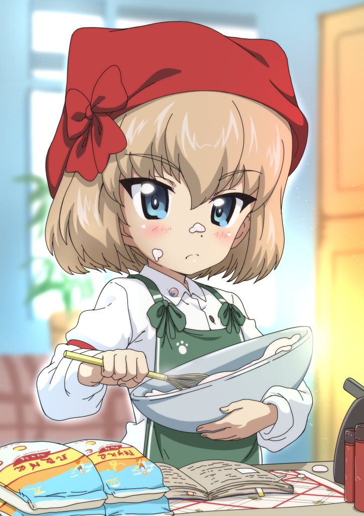 1girl apron arm_garter bandana bangs blonde_hair blue_eyes blurry blurry_background book bowl casual closed_mouth collared_shirt commentary depth_of_field eyebrows_visible_through_hair flour food food_on_face frown girls_und_panzer green_apron holding holding_bowl holding_whisk indoors kanau katyusha_(girls_und_panzer) long_sleeves looking_at_viewer mixing mixing_bowl paw_print shirt short_hair solo whisk white_shirt