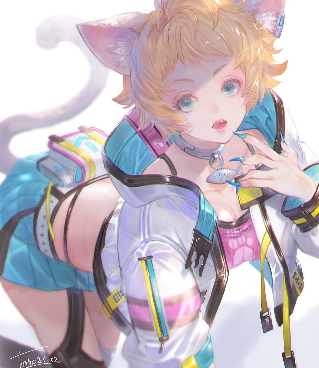 1girl aka_tonbo_(lovetow) all_fours animal_ears blonde_hair blue_eyes blue_skirt cat_ears cat_girl cat_tail collar crop_top fang fingernails highres jacket mismatched_legwear nail_polish open_mouth original sharp_fingernails short_hair signature skirt solo tail white_background white_jacket