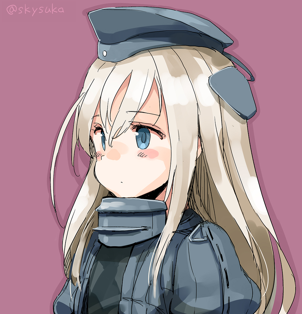 1girl blonde_hair blue_eyes blush garrison_cap hat kantai_collection long_hair looking_away purple_background solo suka twitter_username u-511_(kantai_collection) upper_body