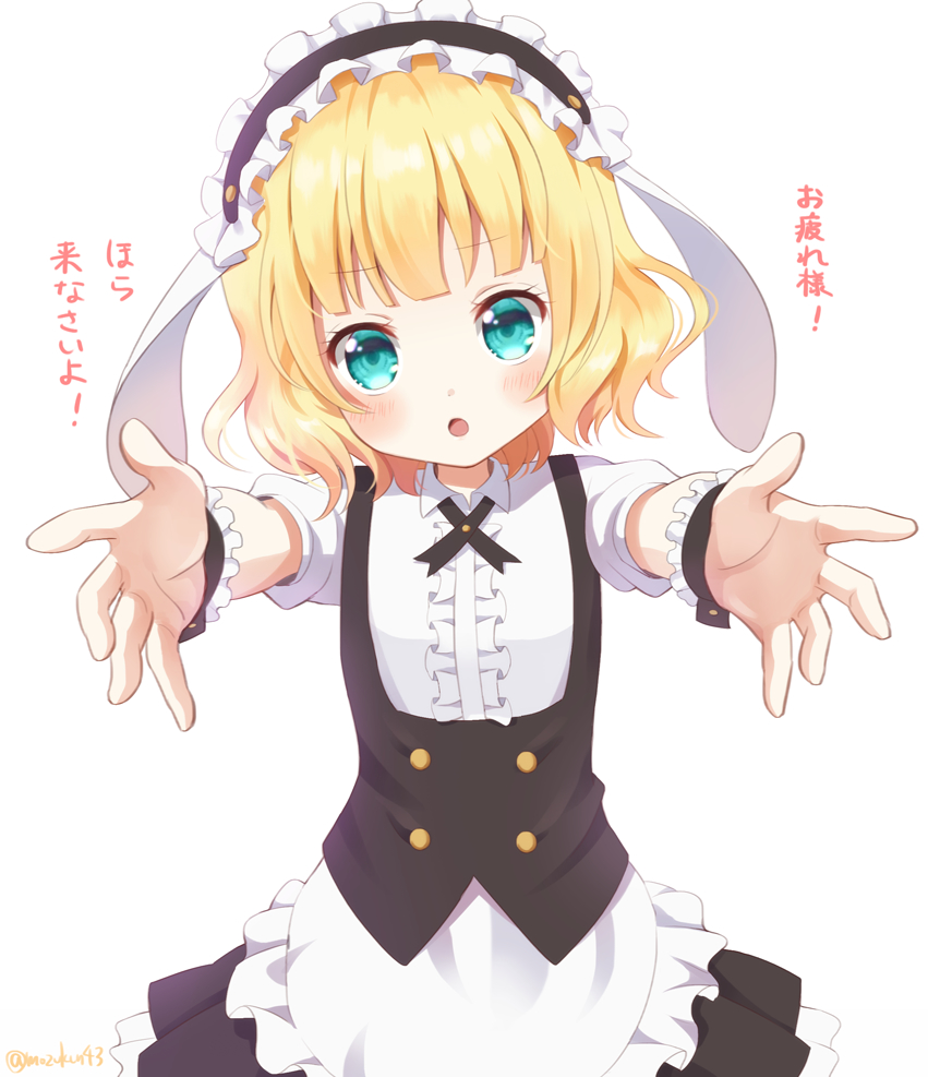 1girl animal_ears apron aqua_eyes artist_name blonde_hair blush eyebrows_visible_through_hair fake_animal_ears gochuumon_wa_usagi_desu_ka? kirima_sharo looking_at_viewer maid_apron maid_headdress mozukun43 open_mouth puffy_short_sleeves puffy_sleeves rabbit_ears short_hair short_sleeves solo translation_request twitter_username wavy_hair wrist_cuffs