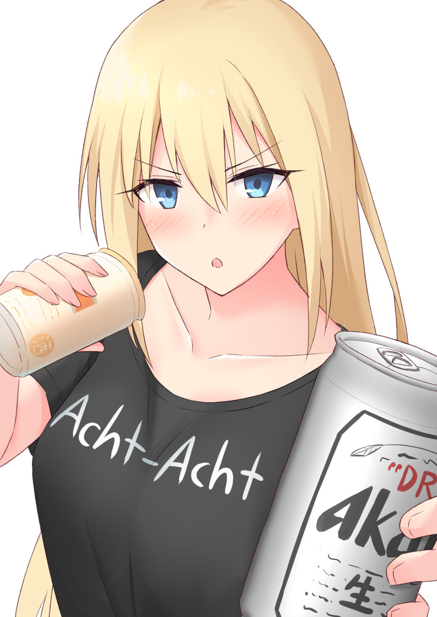 1girl :o akahi242 alternate_costume bismarck_(kantai_collection) black_shirt blonde_hair blue_eyes blush breasts can casual clothes_writing hair_between_eyes highres holding holding_can kantai_collection large_breasts long_hair looking_at_viewer shirt simple_background solo t-shirt white_background
