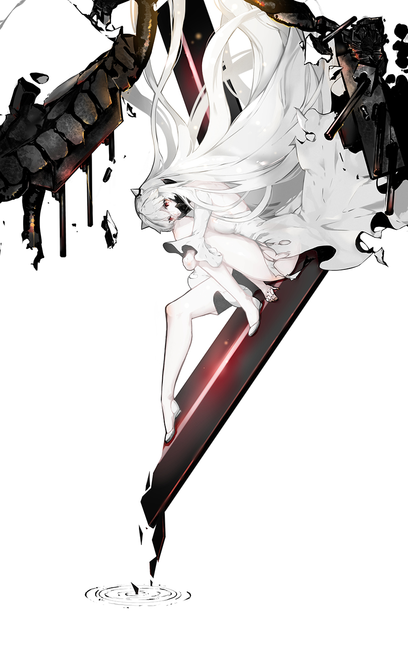 1girl arm_around_leg arm_between_legs breaking crumbling d'orsay_heels damaged dress flats head_on_knee high_collar highres horns kantai_collection knee_up long_hair midway_hime nello_(luminous_darkness) plantar_flexion red_eyes rigging ripples shinkaisei-kan simple_background sitting solo teeth torn_clothes torn_dress turret very_long_hair white_background white_dress white_footwear white_hair white_skin