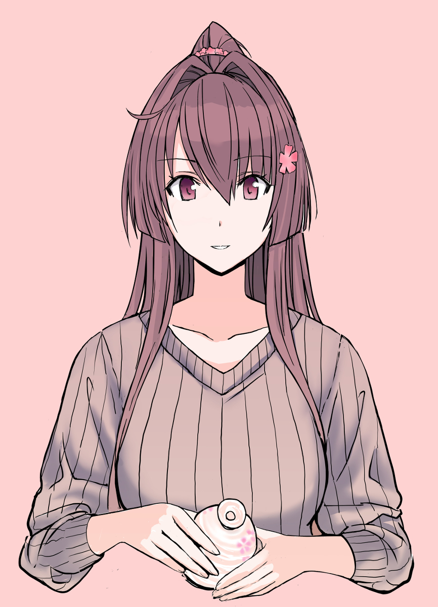 1girl beige_sweater bottle brown_hair cherry_blossoms commentary_request cropped_torso flower hair_flower hair_ornament highres kantai_collection long_hair looking_at_viewer nuko_(phylactery) ponytail red_eyes ribbed_sweater smile solo sweater tokkuri yamato_(kantai_collection)