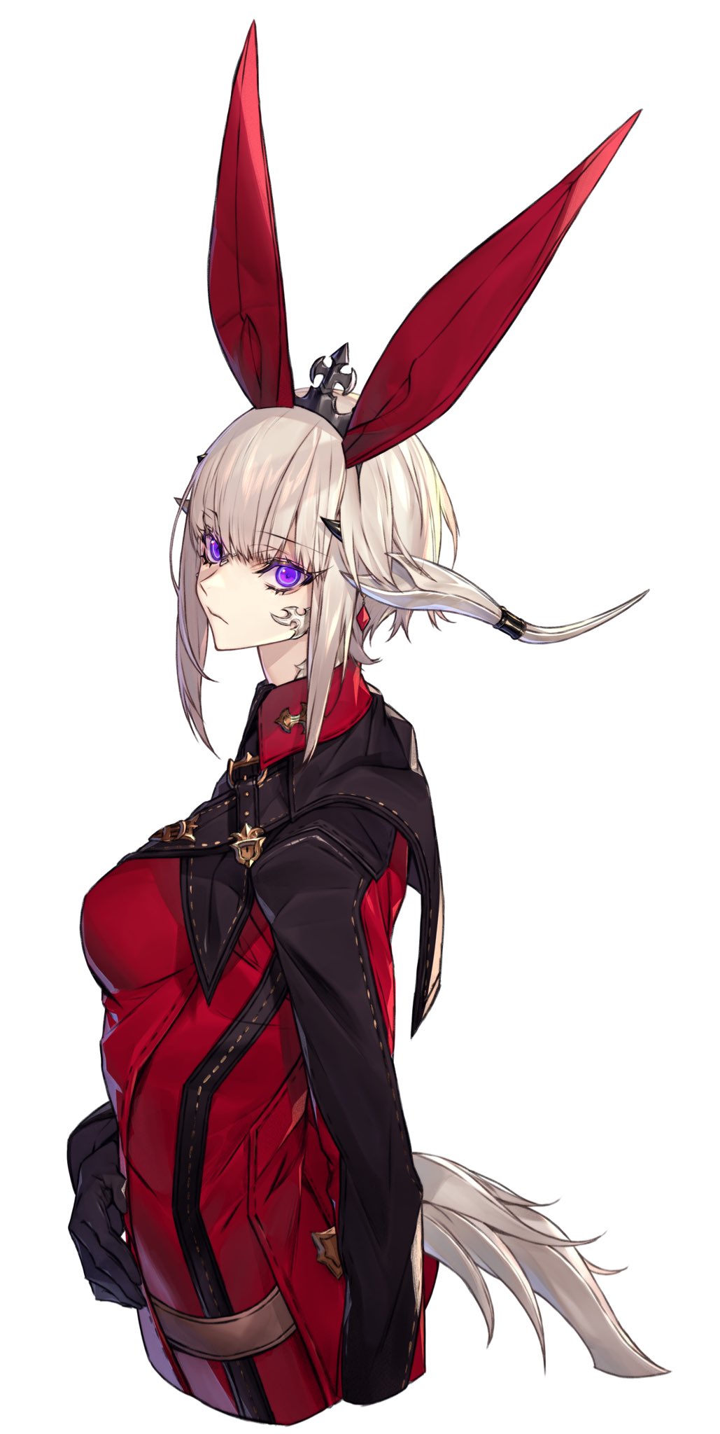 1girl animal_ears au_ra black_gloves closed_mouth earrings eyebrows_visible_through_hair fake_animal_ears final_fantasy final_fantasy_xiv gloves hachizowo highres horns jewelry looking_back rabbit_ears simple_background single_earring solo tail upper_body violet_eyes