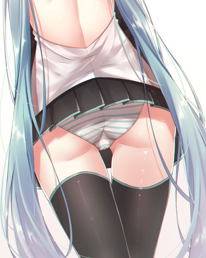 1girl akira_(been0328) ass backless_outfit black_legwear black_skirt black_sleeves blue_hair commentary_request detached_sleeves dutch_angle from_behind hatsune_miku long_hair panties pleated_skirt shirt simple_background skirt solo striped striped_panties thigh-highs twintails underwear very_long_hair vocaloid white_background white_shirt