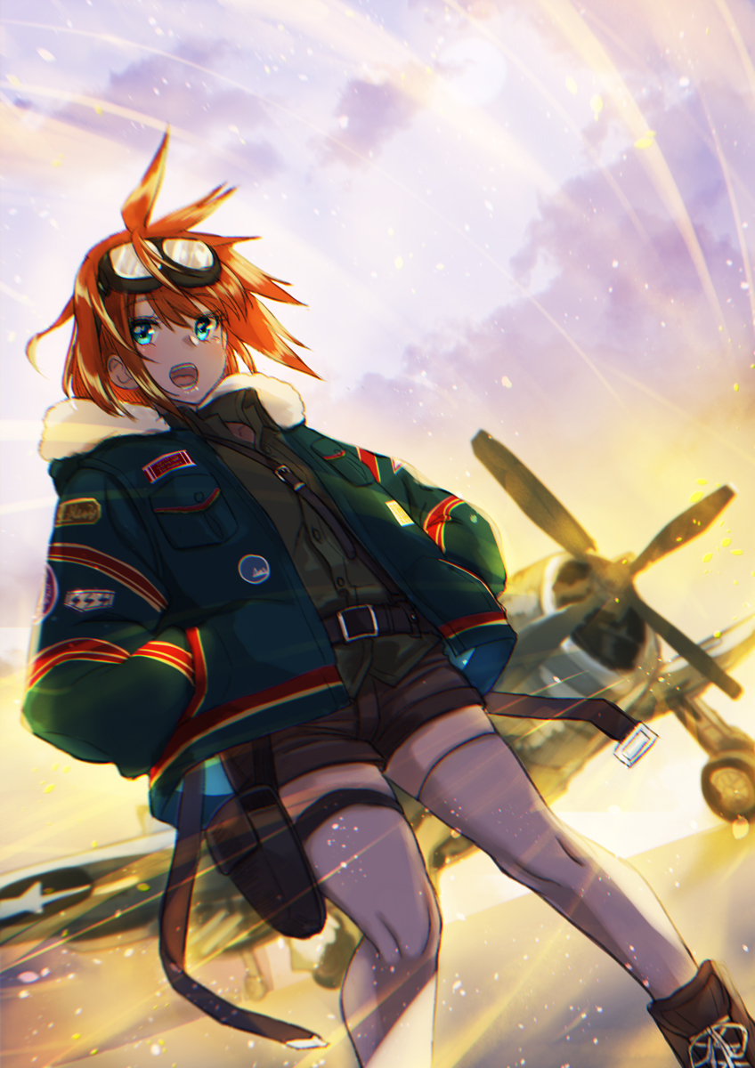 1girl :d aircraft airplane akai_kagerou belt blue_eyes blush bomber_jacket boots brown_footwear brown_shorts chloe_williams cross-laced_footwear dutch_angle formation_girls goggles goggles_on_head green_jacket hands_in_pockets highres jacket lace-up_boots looking_at_viewer open_mouth orange_hair shorts smile solo thigh-highs white_legwear