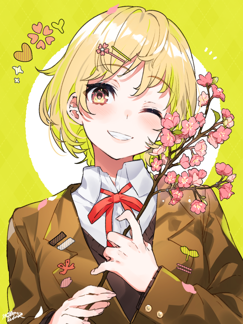 1girl bangs black_sweater blazer blonde_hair branch brown_jacket collared_shirt commentary_request dress_shirt eyebrows_visible_through_hair flower grin hair_flower hair_ornament hairclip heart highres holding_branch jacket long_sleeves looking_at_viewer mika_pikazo neck_ribbon one_eye_closed original pink_flower red_eyes red_flower red_ribbon ribbon school_uniform shirt short_hair smile solo sweater two-tone_background upper_body white_background white_shirt yellow_background