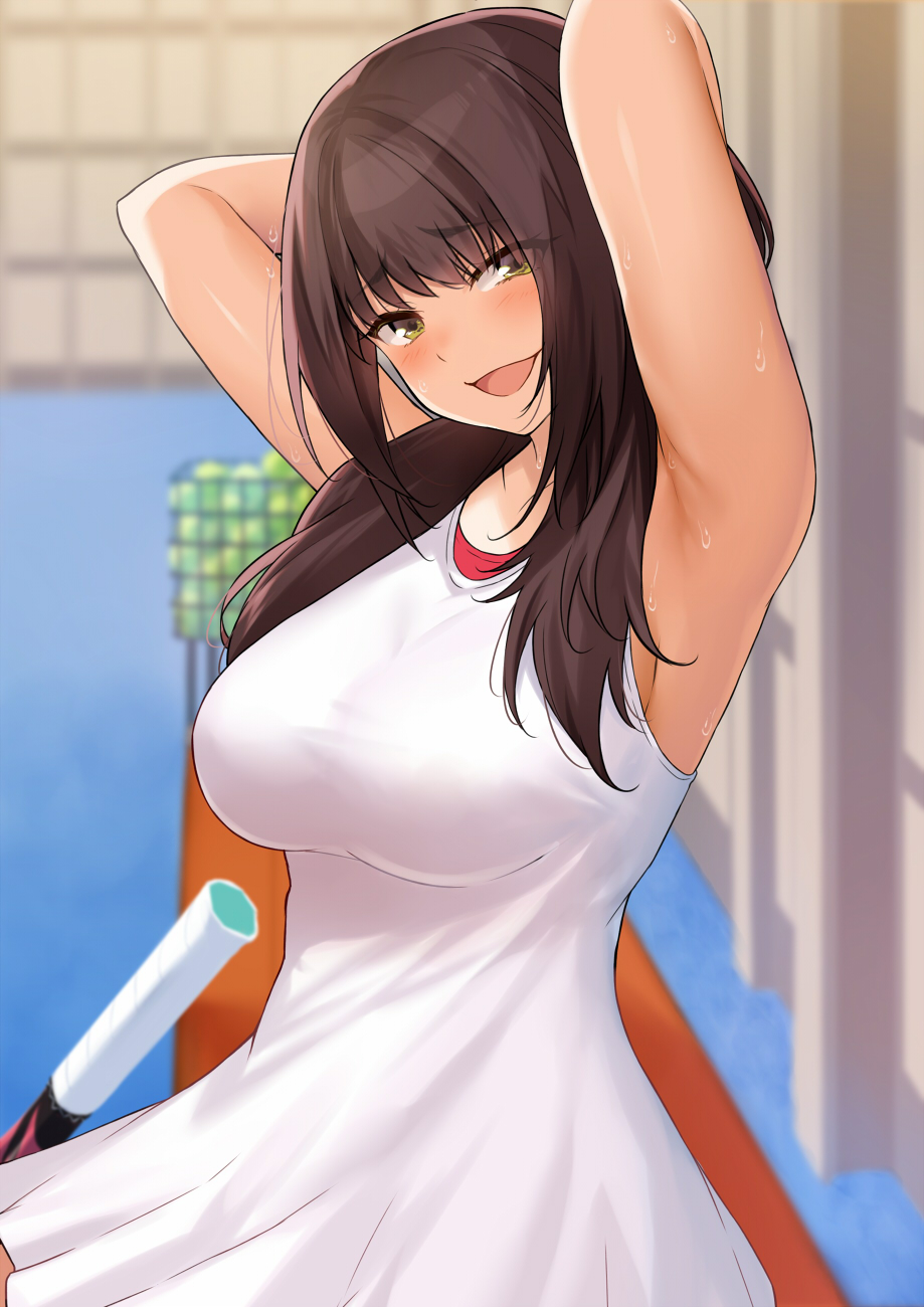 1girl :d armpits arms_behind_head arms_up bangs bare_shoulders bench black_hair blurry blurry_background blush cccpo depth_of_field dress eyebrows_visible_through_hair green_eyes highres indoors long_hair open_mouth original racket sitting sleeveless sleeveless_dress smile solo sweat tennis_racket white_dress