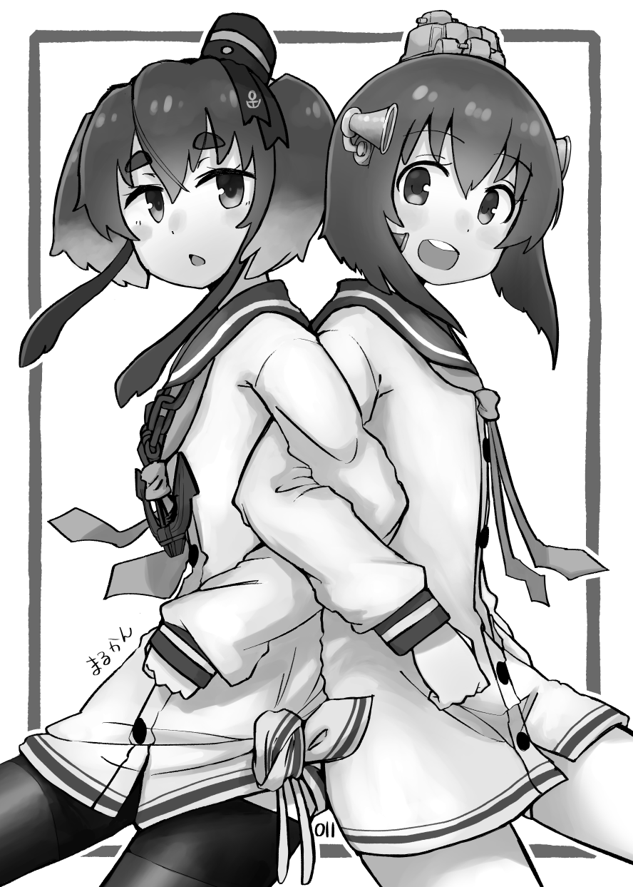 2girls anchor anchor_symbol artist_name back-to-back chain commentary_request dress greyscale headgear highres kantai_collection locked_arms looking_at_viewer ma_rukan monochrome multiple_girls neckerchief open_mouth pantyhose round_teeth sailor_dress shirt short_hair short_hair_with_long_locks sidelocks smile speaking_tube_headset teeth thick_eyebrows tied_shirt tokitsukaze_(kantai_collection) upper_teeth yukikaze_(kantai_collection)