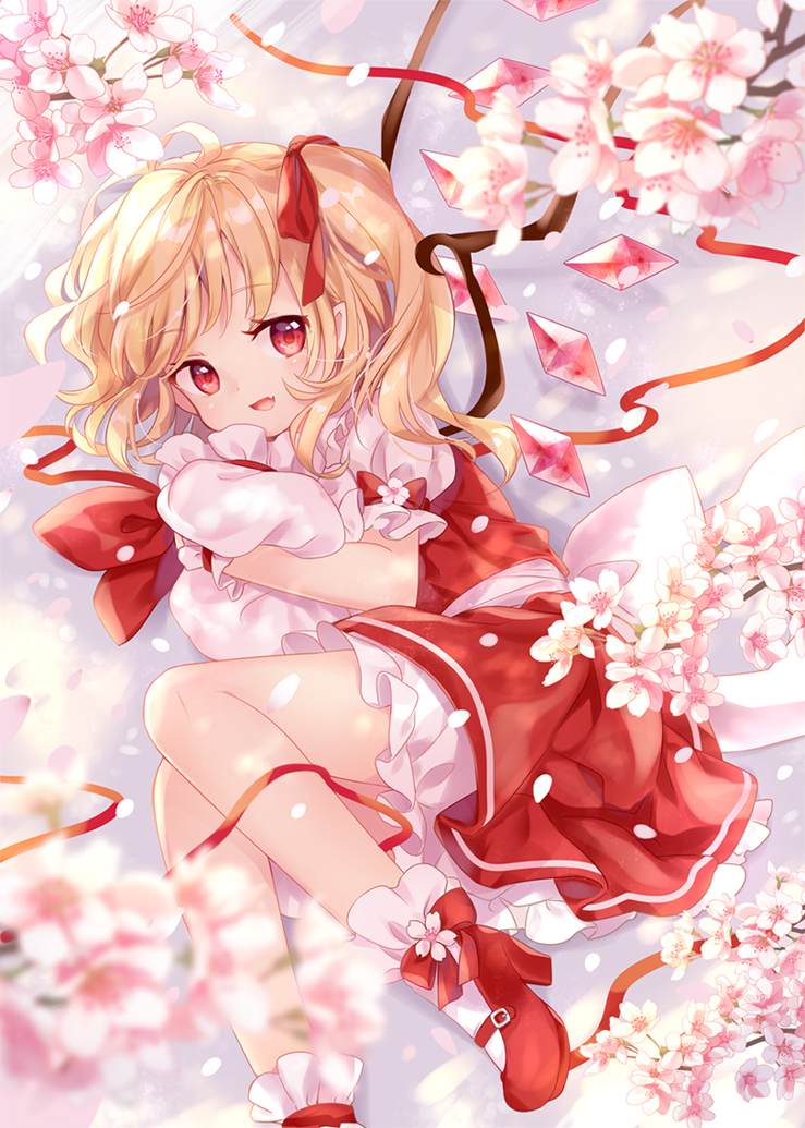 1girl :d back_bow blonde_hair blurry bobby_socks bow cherry_blossoms crystal depth_of_field fang feet_out_of_frame flandre_scarlet flower from_above from_side hair_ribbon hat hat_removed headwear_removed looking_at_viewer lying medium_hair mimi_(mimi_puru) mob_cap object_hug on_side one_side_up open_mouth petals petticoat pointy_ears puffy_short_sleeves puffy_sleeves red_eyes red_footwear red_ribbon red_skirt red_vest ribbon shirt shoes short_sleeves skirt skirt_set smile socks solo touhou vest white_legwear white_shirt wings wrist_cuffs