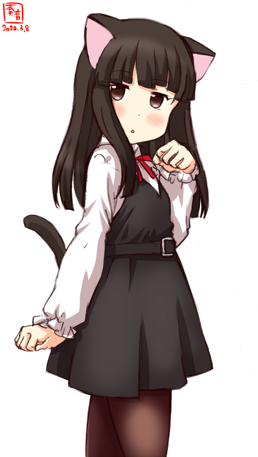 1girl alternate_costume animal_ears artist_logo bangs black_dress black_hair black_legwear blunt_bangs blush brown_eyes cat_ears cat_tail commentary_request cowboy_shot dated dress hatsuyuki_(kantai_collection) highres hime_cut kanon_(kurogane_knights) kantai_collection long_hair long_sleeves pantyhose paw_pose shirt simple_background tail white_background white_shirt