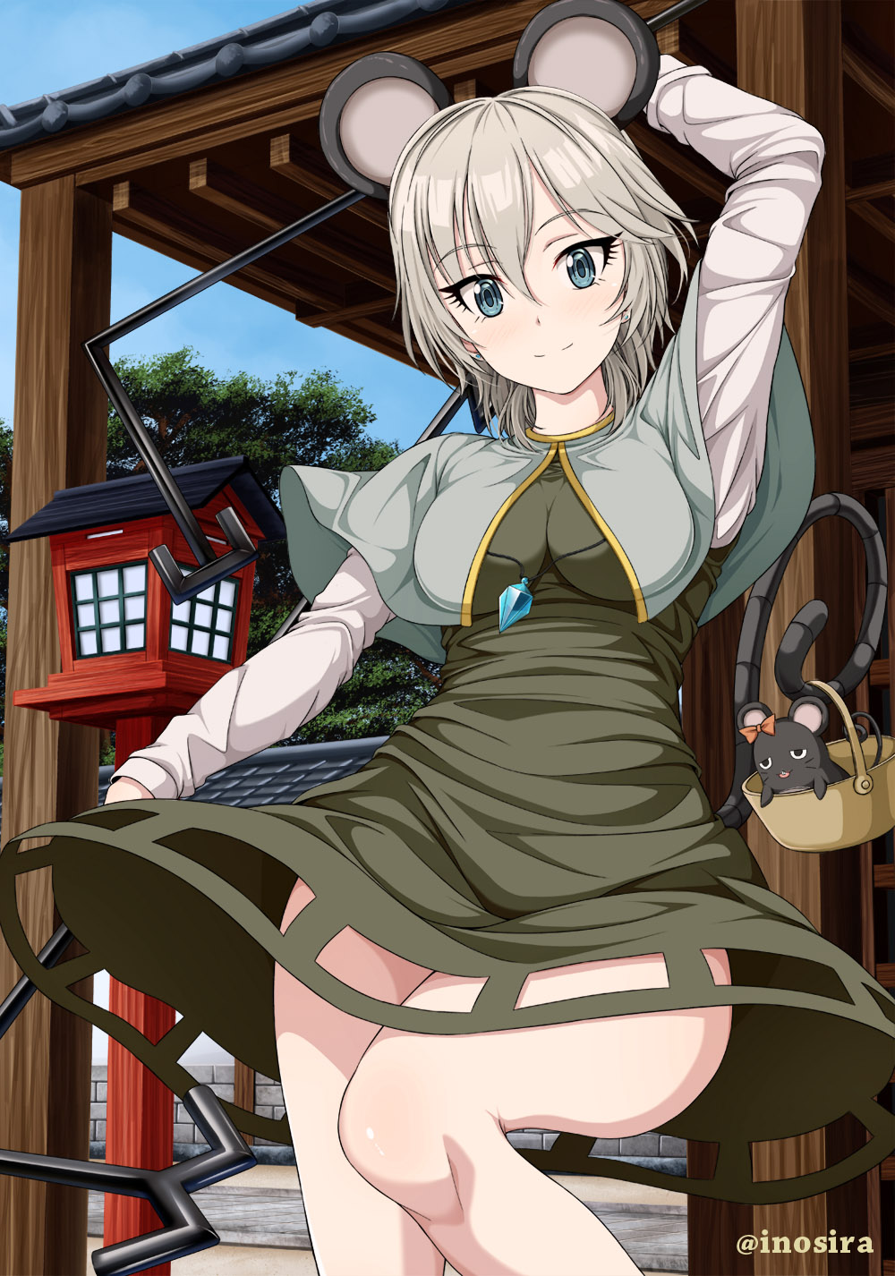 1girl anastasia_(idolmaster) animal_ears arm_up basket blue_eyes blue_sky breasts building capelet closed_mouth commentary_request cosplay day dowsing_rod dress eyebrows_visible_through_hair fake_animal_ears fake_tail grey_capelet grey_dress highres holding idolmaster idolmaster_cinderella_girls inoshira jewelry leg_up long_sleeves looking_at_viewer medium_breasts medium_dress mouse mouse_ears mouse_tail nazrin nazrin_(cosplay) outdoors partial_commentary pendant short_hair silver_hair sky smile solo standing standing_on_one_leg tail touhou twintails