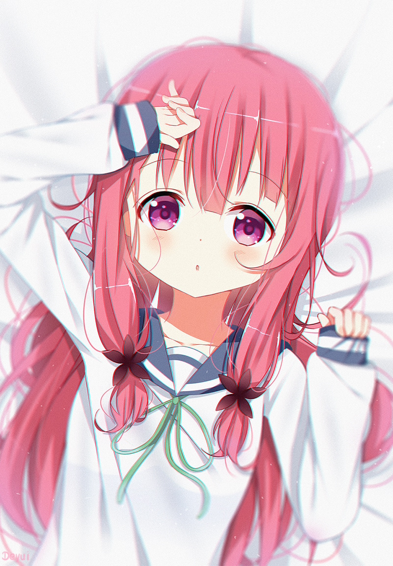 1girl arm_up bangs bed_sheet blue_sailor_collar blush character_request commentary_request deyui eyebrows_visible_through_hair green_ribbon hair_between_eyes hair_ornament koisuru_asteroid long_hair long_sleeves looking_at_viewer neck_ribbon parted_lips pinching_sleeves redhead ribbon sailor_collar sidelocks sleeves_past_wrists solo upper_body very_long_hair violet_eyes white_sailor_collar