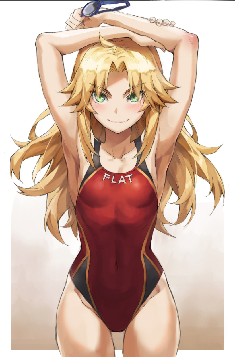 1girl armpits arms_behind_head arms_up bangs bare_shoulders blonde_eyebrows blonde_hair blush border breasts brown_background closed_mouth collarbone covered_navel fate/apocrypha fate_(series) female_only goggles gradient gradient_background green_eyes highres long_hair looking_at_viewer mordred_(fate) mordred_(fate)_(all) no_panties one-piece_swimsuit red_swimsuit sidelocks small_breasts smile solo swimsuit thighs tonee white_border