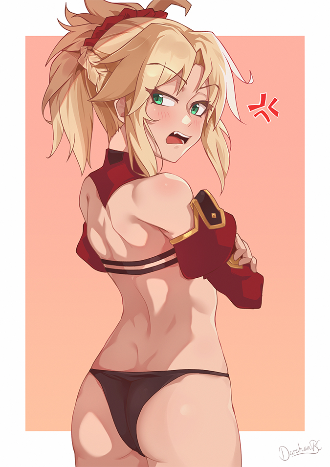 1girl anger_vein artist_name ass bangs bare_shoulders black_panties blonde_hair blush braid breasts commentary darahan detached_sleeves eyebrows_visible_through_hair fang fate/apocrypha fate_(series) from_behind green_eyes long_hair looking_at_viewer mordred_(fate) mordred_(fate)_(all) open_mouth panties ponytail red_sleeves solo underwear