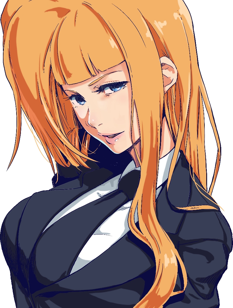 1girl bangs black_neckwear blue_eyes blunt_bangs bokkusu breasts formal kolin large_breasts lips long_hair looking_at_viewer necktie nose orange_hair parted_lips shirt side_ponytail solo street_fighter street_fighter_iii_(series) suit upper_body