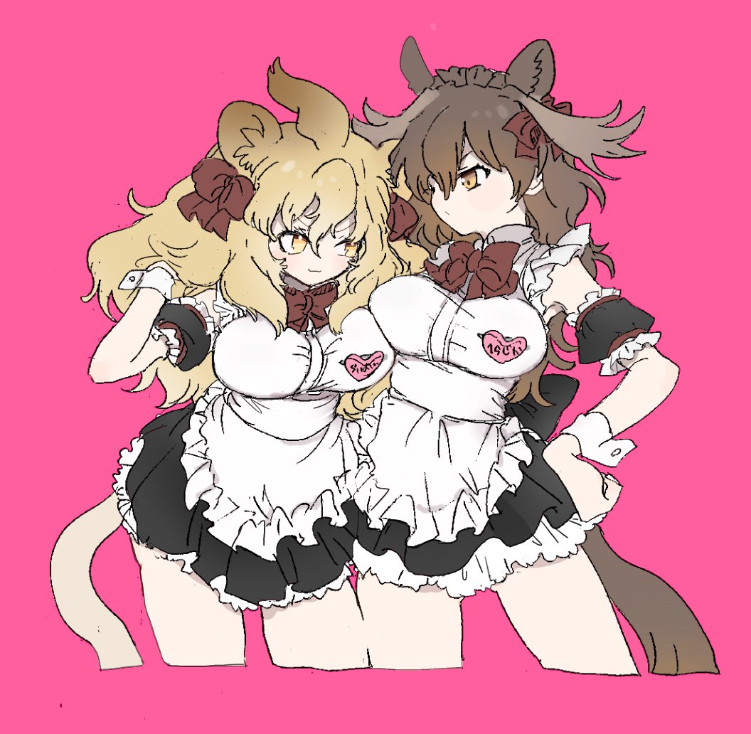 010mzam 2girls :3 alternate_costume animal_ears apron black_dress blonde_hair bow bowtie brown_hair commentary_request cowboy_shot detached_sleeves dress enmaided extra_ears eyebrows_visible_through_hair frilled_dress frills hair_bow hand_in_hair hand_on_hip kemono_friends lion_(kemono_friends) lion_ears lion_girl lion_tail long_hair looking_at_another maid maid_apron maid_dress maid_headdress moose_(kemono_friends) moose_ears moose_girl moose_tail multiple_girls name_tag pantyhose puffy_short_sleeves puffy_sleeves red_bow red_neckwear short_sleeves sleeve_cuffs tail white_apron white_frills white_legwear yellow_eyes