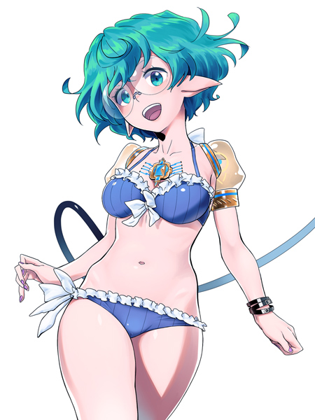 1girl bikini bracelet breasts glasses green_eyes green_hair jewelry looking_at_viewer medium_breasts natto_soup navel open_mouth pink_nails pointy_ears round_eyewear saika_(xenoblade) short_hair smile solo swimsuit tail white_background xenoblade_(series) xenoblade_2