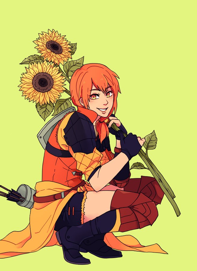 1girl alisha_(heirror) arrow eyebrows_visible_through_hair fire_emblem fire_emblem:_three_houses flower gloves leonie_pinelli looking_at_viewer orange_eyes orange_hair partly_fingerless_gloves quiver shield short_hair shorts shoulder_armor side_ponytail simple_background smile solo sunflower waist_cape