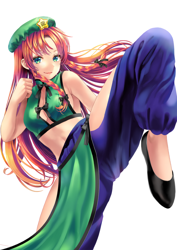 1girl alternate_costume bangs bare_arms bare_shoulders beret black_bow black_footwear blue_pants bow braid breasts clenched_hand commentary_request cowboy_shot crop_top fighting_stance flats green_eyes green_headwear green_shirt hair_bow hand_up hat hip_vent hong_meiling leg_up long_hair looking_at_viewer medium_breasts midriff pants pelvic_curtain redhead shirt simple_background sleeveless sleeveless_shirt smile solo standing standing_on_one_leg star touhou twin_braids uemura_shun very_long_hair white_background