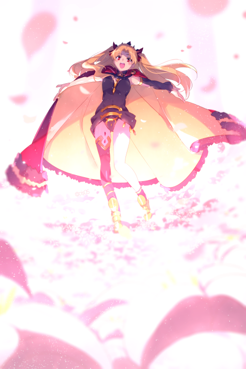 1girl asymmetrical_legwear asymmetrical_sleeves bangs between_breasts black_legwear black_leotard blonde_hair blush bow breasts cape cis05 detached_collar ereshkigal_(fate/grand_order) fate/grand_order fate_(series) field flower flower_field fur-trimmed_cape fur_trim gold_trim hair_bow hood hooded_cape jewelry legs leotard long_hair long_sleeves looking_at_viewer medium_breasts multicolored multicolored_cape multicolored_clothes necklace open_arms open_mouth parted_bangs petals red_bow red_cape red_eyes single_sleeve single_thighhigh skull smile solo spine thigh-highs tiara two_side_up yellow_cape