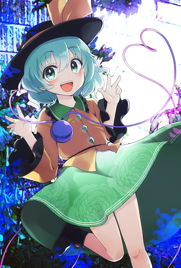 1girl :d black_headwear black_legwear blue_background blush buttons collar collared_shirt commentary_request eyeball eyebrows_visible_through_hair floral_print frilled_collar frilled_sleeves frills gradient_eyes green_eyes green_hair hair_between_eyes hands_up hat hat_ribbon heart heart_of_string komeiji_koishi long_sleeves looking_at_viewer mikeseneko multicolored multicolored_eyes open_mouth partial_commentary ribbon shadow shirt short_hair skirt smile solo third_eye touhou wide_sleeves yellow_ribbon yellow_shirt