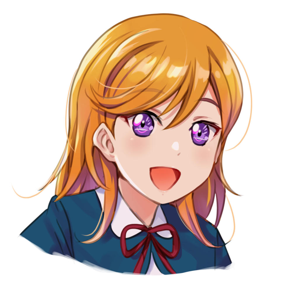1girl bangs commentary_request eyebrows_visible_through_hair hello!!!_love_live! long_hair looking_at_viewer love_live! orange_hair portrait protagonist_(hello!!!_love_live!) red_neckwear shamakho shiny shiny_hair shiny_skin smile solo violet_eyes